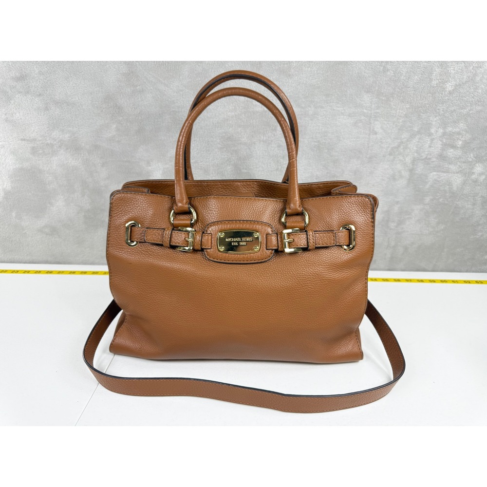 Michael Kors Hamilton Handbag Cognac Brown Pebbled Leather Tote Gold Accents